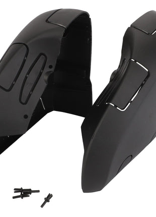 A sleek pair of AGCO black motorcycle saddlebags, model Cover - F222502033100, featuring four small mounting screws in the front; no current product description available.