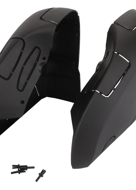 A sleek pair of AGCO black motorcycle saddlebags, model Cover - F222502033100, featuring four small mounting screws in the front; no current product description available.