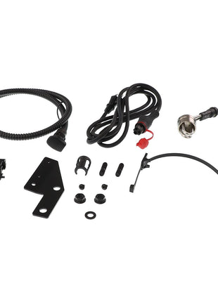 A collection of various cables, brackets, and small hardware components laid out on a white background. Current product available: AGCO | Engine Block Heater - Acw070982A by AGCO.