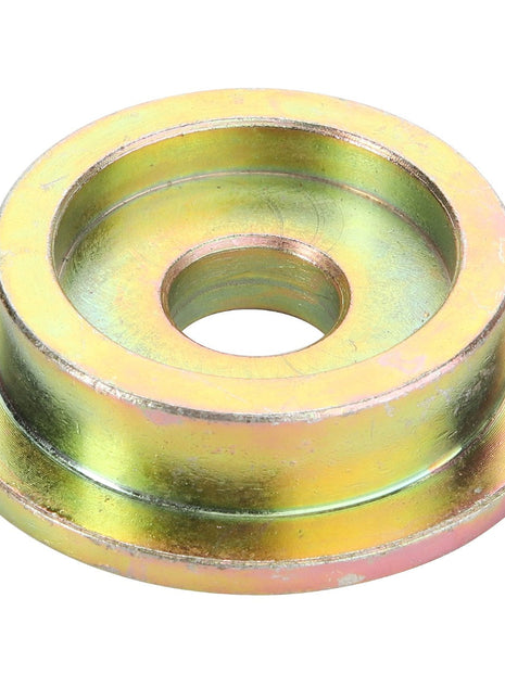 A metallic AGCO | SPACER - D28284970 washer featuring a central hole and two concentric outer rings, characterized by a striking yellowish-green reflective surface.