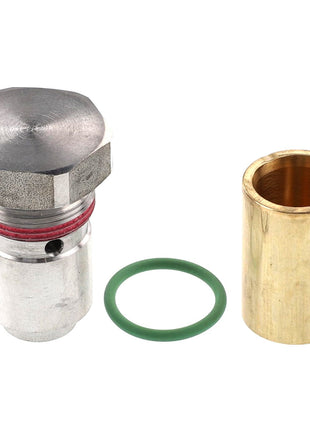 A cylindrical brass component with a small hole, a green rubber O-ring, and a metal threaded bolt are arranged side by side. Product: AGCO | ADJUSTMENT - F931941011010 from the brand AGCO.