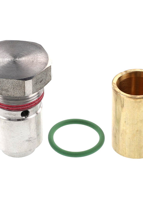 A cylindrical brass component with a small hole, a green rubber O-ring, and a metal threaded bolt are arranged side by side. Product: AGCO | ADJUSTMENT - F931941011010 from the brand AGCO.