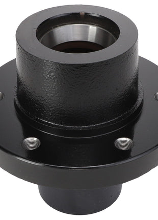 Introducing the AGCO | Hub - Ba5201, a sleek, black metal flange with a circular design. It features four evenly spaced bolt holes around the base and a central opening.