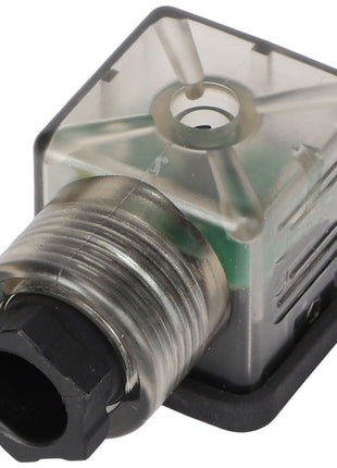 The AGCO | CONNECTOR - AL5024376 by AGCO is a transparent industrial electrical connector featuring a hexagonal base and a threaded metallic coupling, viewed from a slightly angled perspective. No current product description information is available.