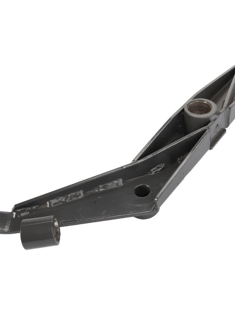 The AGCO Idler Arm - Acw1689620, an angular metal bracket featuring multiple holes, protrusions, and supports, is lying down on a white background. No current product description is available for this item.