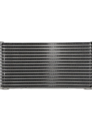 AGCO's Oil Cooler - Acw877227A boasts a sleek silver design with two ports on either side and an array of horizontal cooling fins engineered for optimal performance.