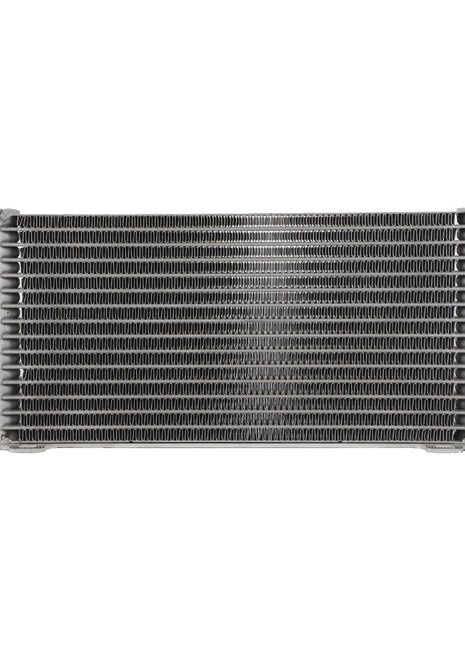 AGCO's Oil Cooler - Acw877227A boasts a sleek silver design with two ports on either side and an array of horizontal cooling fins engineered for optimal performance.