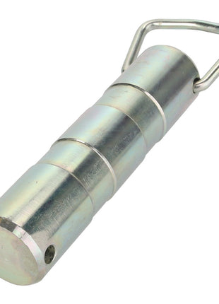 Product Name: AGCO | Cylinder Pin - Acw1635850
Brand Name: AGCO

Description:
The AGCO Cylinder Pin - Acw1635850 is a metal cylindrical pin with a rounded end and a flat base, featuring three grooved rings along its length. It is equipped with a looped metal handle attached to one end, making it easy to manipulate and utilize in various applications.