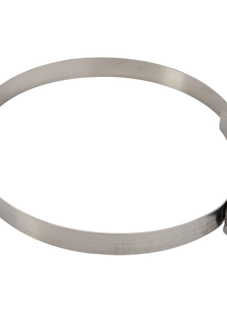 The AGCO | CLAMP - AG522376 is a silver metal hose clamp with an adjustable screw mechanism, designed to provide a secure fit and easy installation.