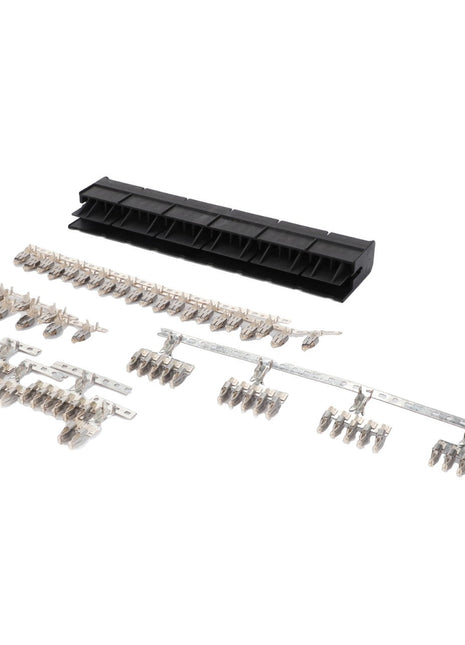 A collection of AGCO metal terminal connectors and an elegant black AGCO plastic holder, systematically displayed on a white surface. No additional product details are discernible.