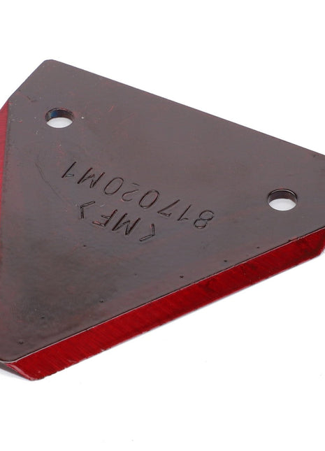 A triangular red reflector featuring two mounting holes and the marking "MF 877020M1" is available. The product corresponds to AGCO | Section - 817020M1 by AGCO, but there is no current product description available for it.