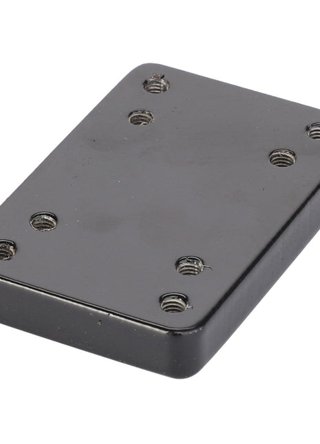 The AGCO Plate - Acw3478710 is a black rectangular metallic component featuring eight screw holes, likely designed as a mounting plate or mechanical part.