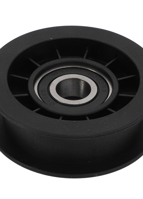 The AGCO | PULLEY - CG1256015540 is a sleek black plastic pulley featuring a durable metal bearing in the center.