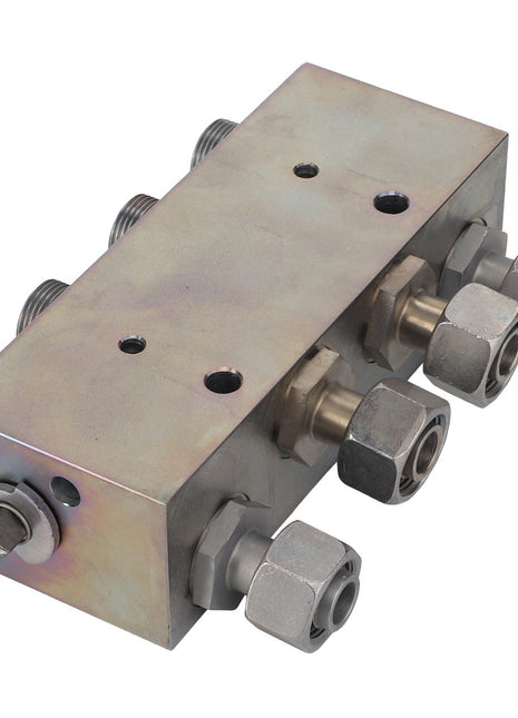 The AGCO | Valve - Acw1373070, a versatile metal hydraulic manifold block from AGCO, features multiple fittings and ports that seamlessly connect and manage fluid flow in your advanced hydraulic system.