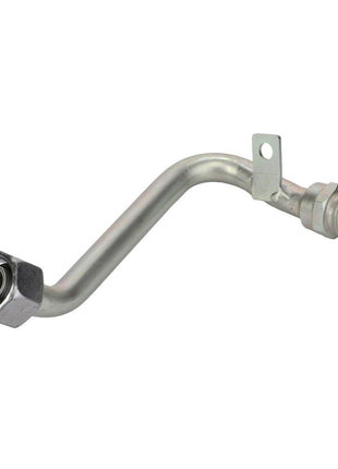 The AGCO Hose - Acp0668540 is a silver metal pipe with threaded ends and an angled bend in the middle, featuring a small bracket with a hole for mounting.