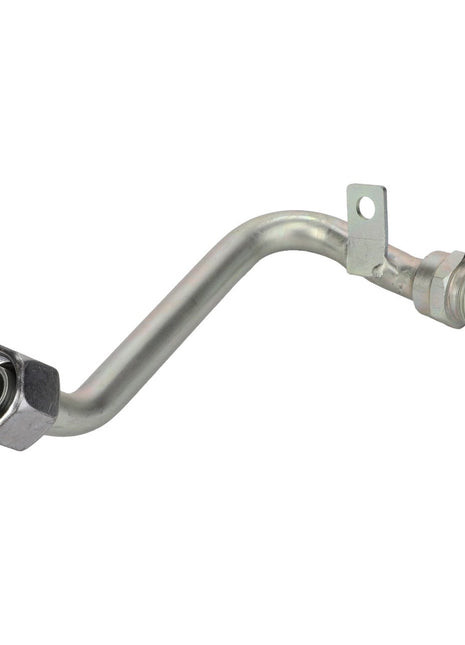 The AGCO Hose - Acp0668540 is a silver metal pipe with threaded ends and an angled bend in the middle, featuring a small bracket with a hole for mounting.
