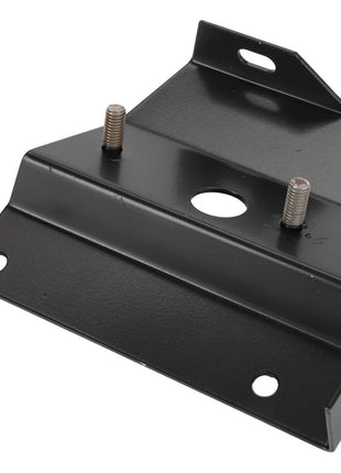 The AGCO BRACKET - D28185668, a black metal bracket with two protruding screws and several drilled holes—including a large central hole—is displayed against a white background. This straightforward yet functional piece of hardware is from the AGCO brand.