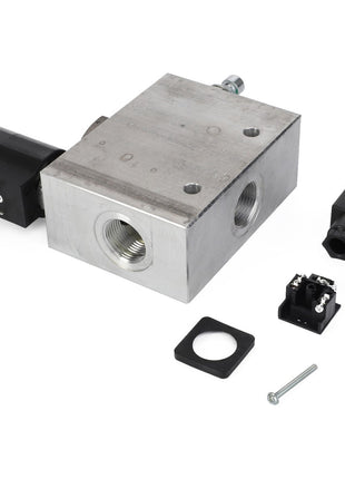 The AGCO BYPASS - D45110053 is a metal hydraulic valve block featuring several threaded ports, and it comes with a detached black solenoid coil, a rubber gasket, electrical connector components, and a small silver screw. No additional product description information is available at this time.