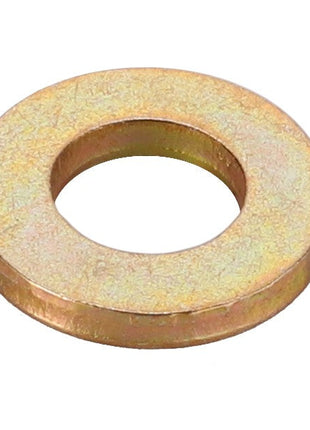 A close-up image of the AGCO FLAT WASHER - CH8T-4205, a gold-colored metal washer with a circular hole in the center. Brand: AGCO. 

