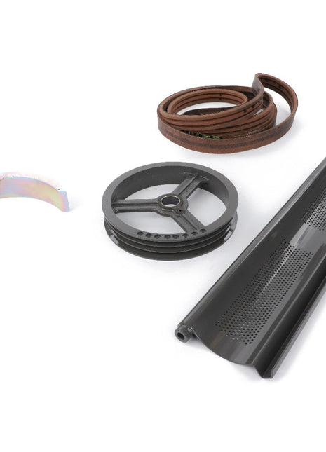 The AGCO | Edible Bean Kit - Acw2094990 is on display, featuring a collection of mechanical parts such as a semi-circular metal piece, a round wheel with spokes, a perforated metal beam, and a coiled belt. Please note that no current product description information is available.