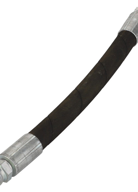 The AGCO | Hydraulic Hose - Acx236939A is a high-performance black rubber hose equipped with metal connectors at both ends, designed to be abrasion-resistant and ideal for fluid or gas transfer. Known for its reliability, this AGCO product ensures superior durability in demanding conditions.