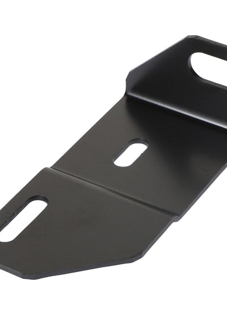 The AGCO Support - Acw0364980, a black metal bracket with three rectangular slots, features a bent, angular design that adds both functionality and style.