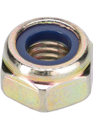 Close-up of the AGCO Hex Nut - Fel108441, featuring a metal hexagonal design with internal threading and a blue nylon insert, perfect for ensuring a tight and secure fit.