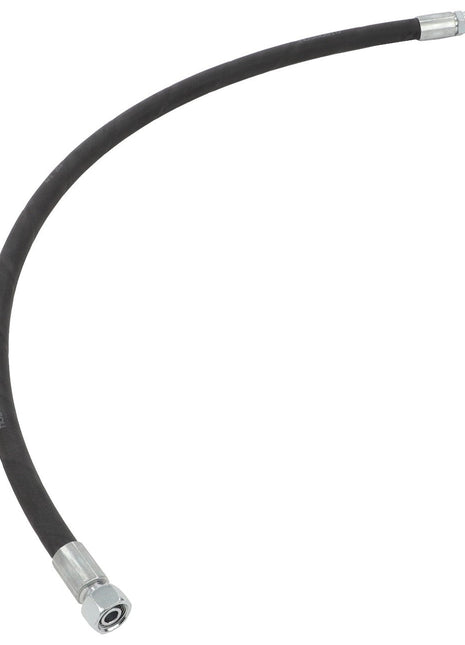 The AGCO Hydraulic Hose - Acw0222570, a black flexible rubber hose with metallic connectors on both ends, is curved in an arch shape against a white background.