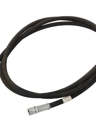 The AGCO Hydraulic Hose - Acp0015860 is a sturdy, black coiled rubber hose equipped with a metal connector on each end.