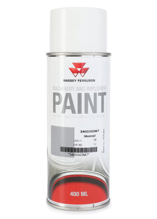 A 400 ml can of AGCO Machinery and Implement Paint, labeled "3405503M7" with a description "Silvermist." This quick-drying touch-up aerosol paint features a white cap and partially visible red paint on the bottom, ideal for coating metal surfaces.