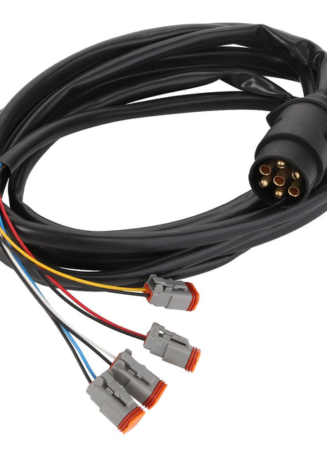 The AGCO | Cable - Acp0294640 from AGCO features a coiled black design with a multi-pin connector on one end and six colored wires with three gray and orange connectors on the other end. No current product description available.