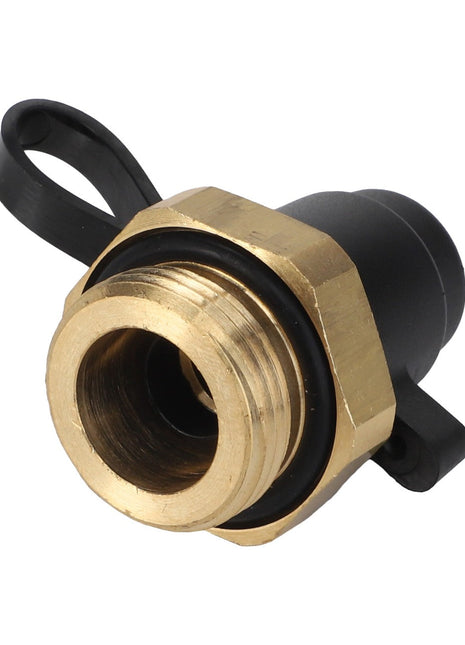 Current product description information for the AGCO | Pressure Intake - Acw1172710, a brass and plastic hose connector that features a black rubber ring and a flexible black plastic strap attached to the back, is not available.