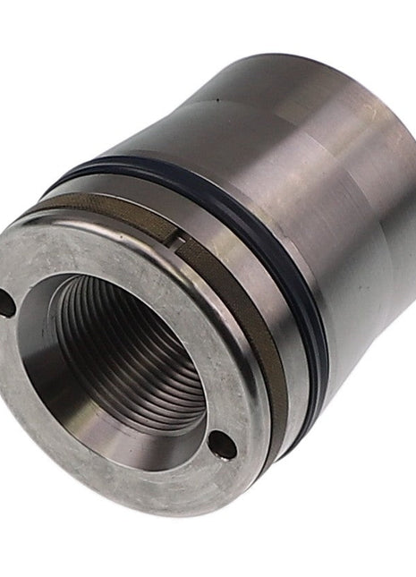 The AGCO | PISTON - AL12706512 is a cylindrical metal mechanical component with internal threading and a circular flange that has two holes on the outer end. Currently, there is no additional product description information available for this item.