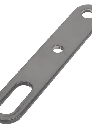 The AGCO Lever - Acw4817770 is a metallic flat bracket featuring three holes: an oval-shaped hole on one end, a small round hole in the center, and a larger round hole on the other end. No current product description information is available.