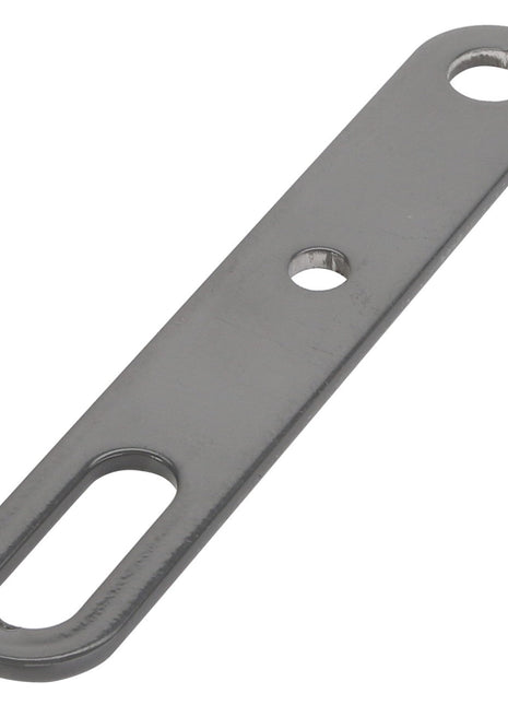 The AGCO Lever - Acw4817770 is a metallic flat bracket featuring three holes: an oval-shaped hole on one end, a small round hole in the center, and a larger round hole on the other end. No current product description information is available.