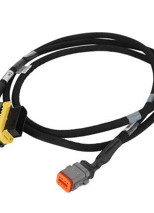 No current product description information is available for the AGCO Rotor Performance Wire Harness - Acx3395240, a black, coiled electrical cable featuring connectors at both ends: one with a multi-pin plug and the other with a rectangular, multi-slot connector.