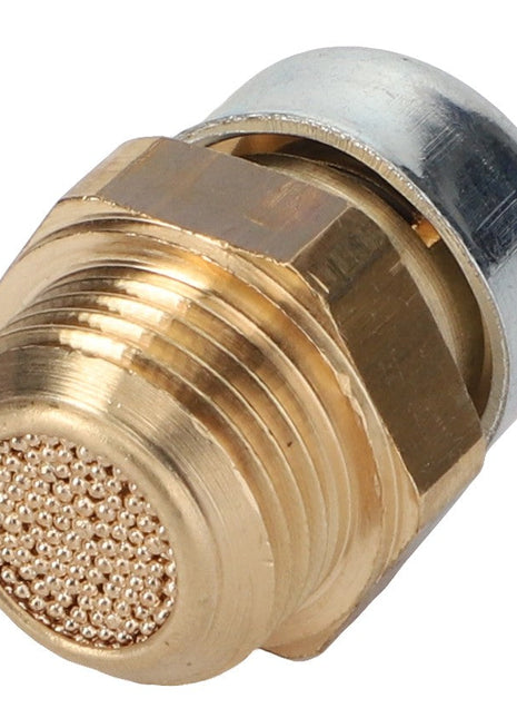 No current product description available for this close-up of the AGCO | Breather Plug - Acp0411000, featuring a bronze and silver air compressor check valve with a mesh-like filter on the top.