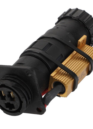 A close-up of the AGCO | Resistor - D28782709, featuring a black electronic connector with a square mounting plate and multiple pins, bundled with a gold heatsink and attached wires, showcasing AGCO's commitment to electrical parts reliability.