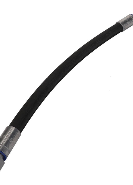 Presenting the AGCO | Hose - Acp0323830, a black and flexible hydraulic hose featuring silver metal fittings on both ends. This product has been meticulously crafted by AGCO for transferring fluid under pressure.