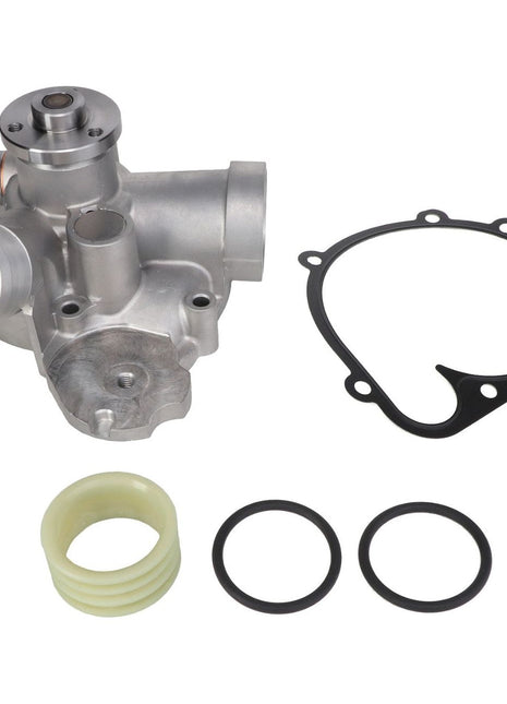 The AGCO Water Pump Kit (M219Pf150008A) for Valtra includes a metal pump assembly, a black gasket, two black O-rings, and a light-colored circular component.