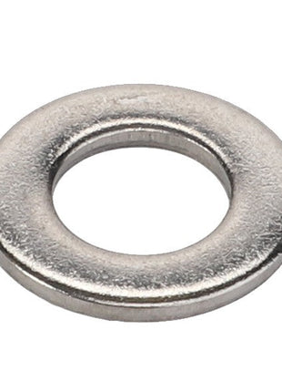 A close-up image of the AGCO WARNING DECAL - ACP0534990, a metallic flat washer with a central hole that is typically used to distribute the load of a threaded fastener. No current product description information is available for this AGCO item.