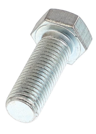 A gleaming AGCO | HEXAGONAL HEAD BOLT - 0901-22-51-00 with a precisely threaded shaft, captured from the side at a slight angle, showcasing its meticulous craftsmanship.