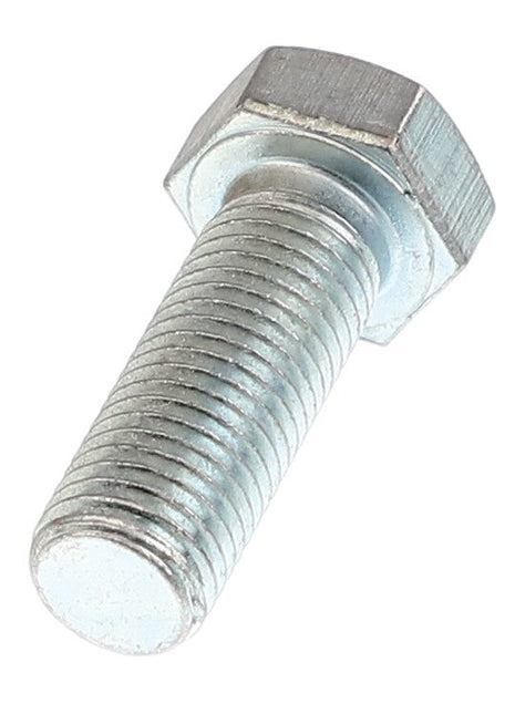 A gleaming AGCO | HEXAGONAL HEAD BOLT - 0901-22-51-00 with a precisely threaded shaft, captured from the side at a slight angle, showcasing its meticulous craftsmanship.