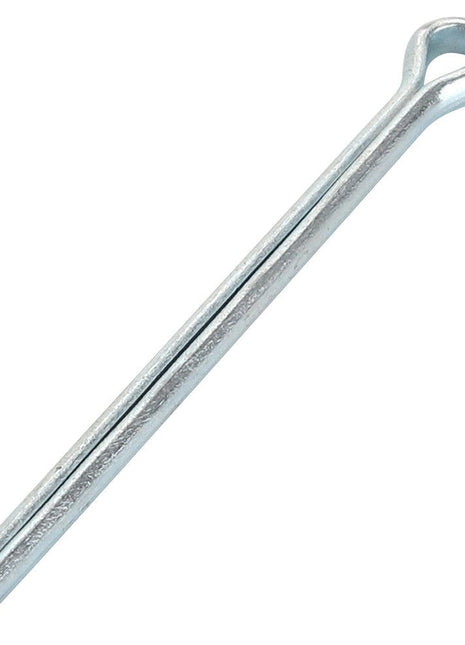 A close-up image of the AGCO PIN - D46150606, a metallic cotter pin with a looped end and split shank, showcasing its intricate structure. No current product description information is available for this item.