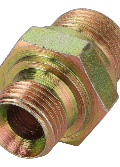 The AGCO | ADAPTER - AL1120065 from AGCO is a metallic hex nipple adapter featuring threaded ends, designed to connect two different sized pipes or fittings in plumbing or hydraulic systems. It offers an attractive combination of gold and bronze hues. No current product description information is available.