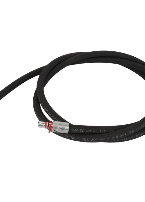 Currently, there is no available product description for the AGCO | HOSE - AL9032532, a black coiled hydraulic hose featuring metal fittings on both ends and red and silver bands near one of the fittings.