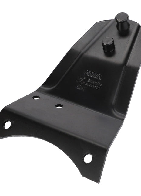 The AGCO Blade Holder - Fel140308 is a black metal bracket featuring multiple holes and two raised cylindrical protrusions, marked with "FELLA" and "Made in Austria." This genuine AGCO part ensures maximum uptime.