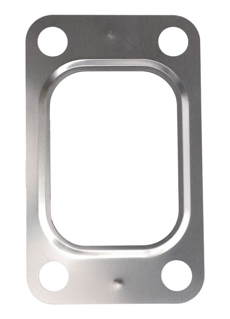 The AGCO | Gasket, For Turbo - 4222247M1 from AGCO features a metal bracket with four circular holes, one in each corner, and a rectangular recessed center. It is ideal for Massey Ferguson models handling high exhaust gas temperatures.