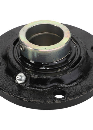 The AGCO | BEARING - D49070362 is a black circular mechanical part featuring a metal bearing at its center and four bolt holes around the edge, suitable for various applications.