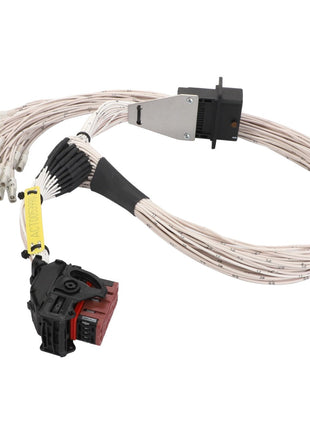 The AGCO Harness - Act0053990 is an electronic wiring harness featuring multiple white wires connected to a black and red connector at one end and a larger black connector at the other. No current product description is available beyond these specifications.